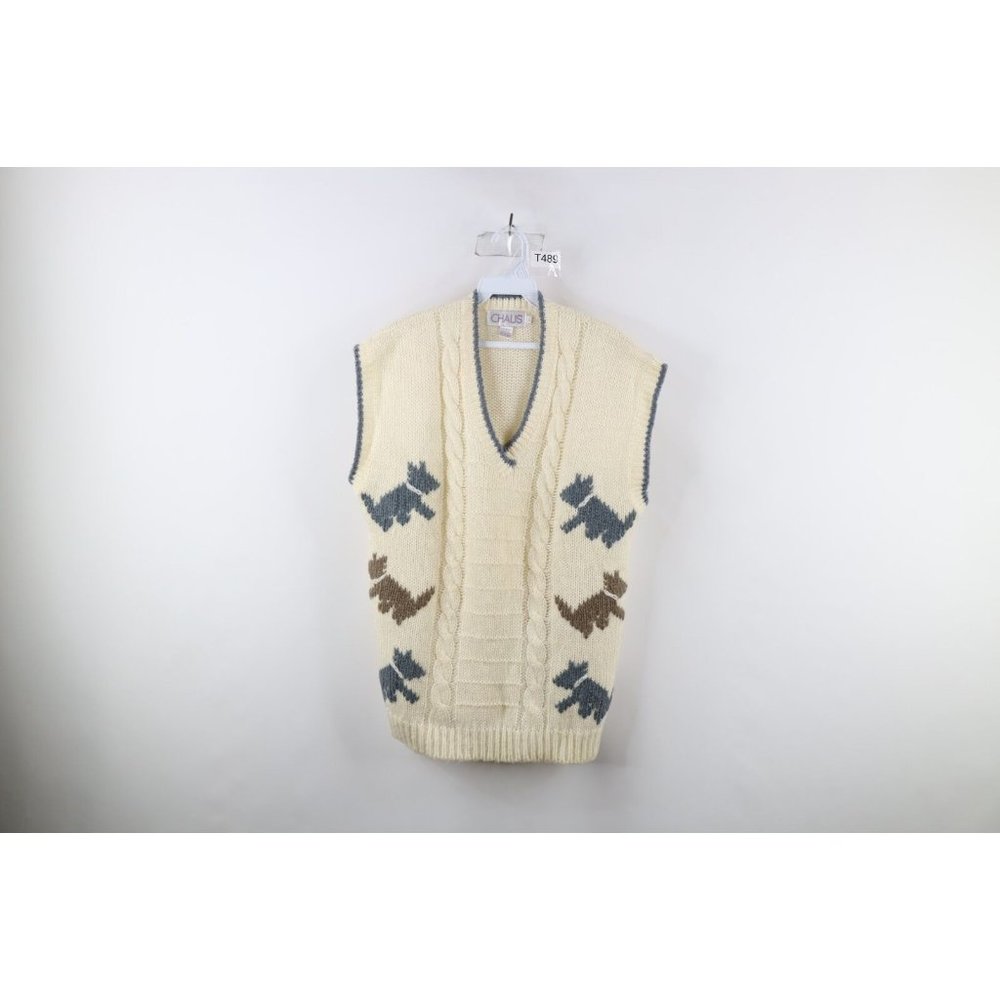 Vintage 90s Country Primitive Womens Large Dog Puppy Cable Knit Sweater Vest